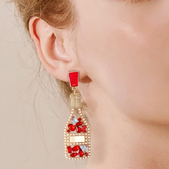 Red Champagne Bottle Earrings - Picture 2 of 8